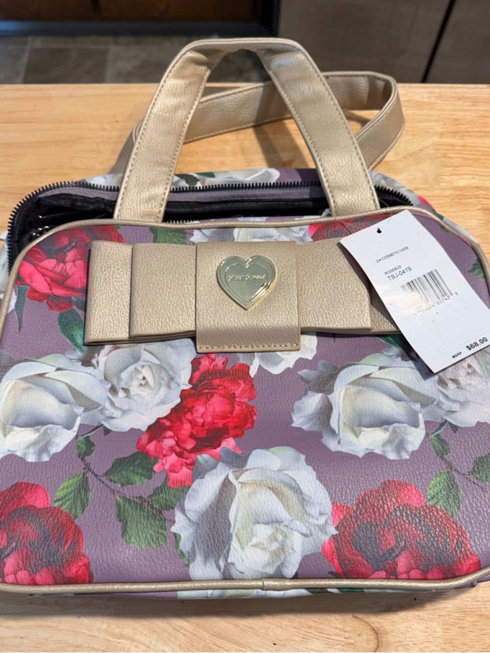 Betsey Johnson Lavender Floral travel bag with Gold Bow Accent